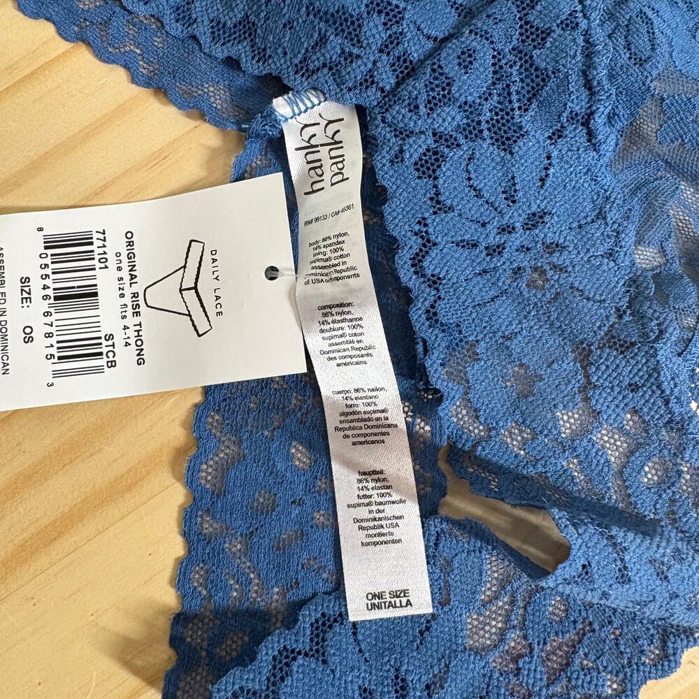Hanky Panky One Size (4-14) Original Rise Thong Blue Nylon Blend Daily Lace - Picture 8 of 8
